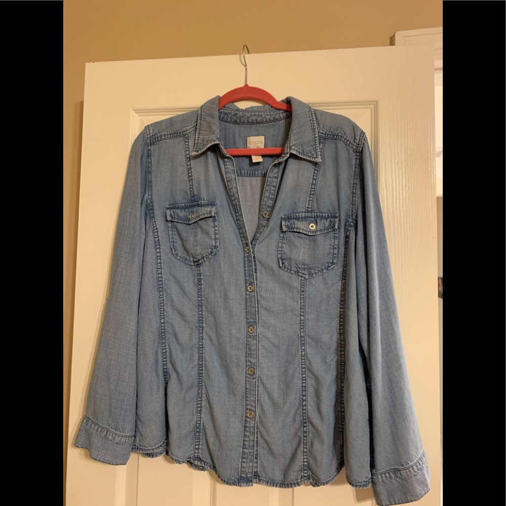 Chico’s distressed chambray top, size 2 or…